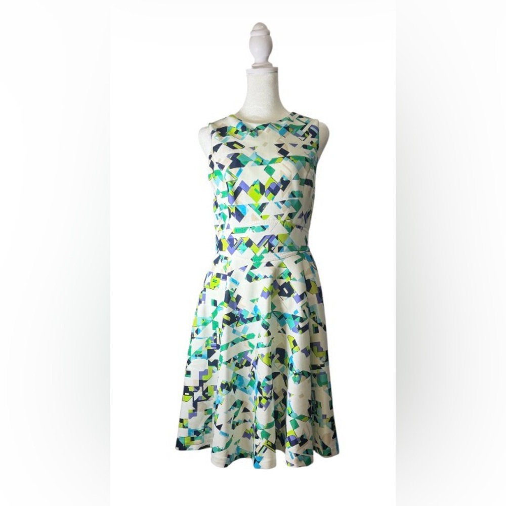 Vince Camuto Sleeveless Fit-and-Flare Geometric Print Dress-White, Teal & Navy.